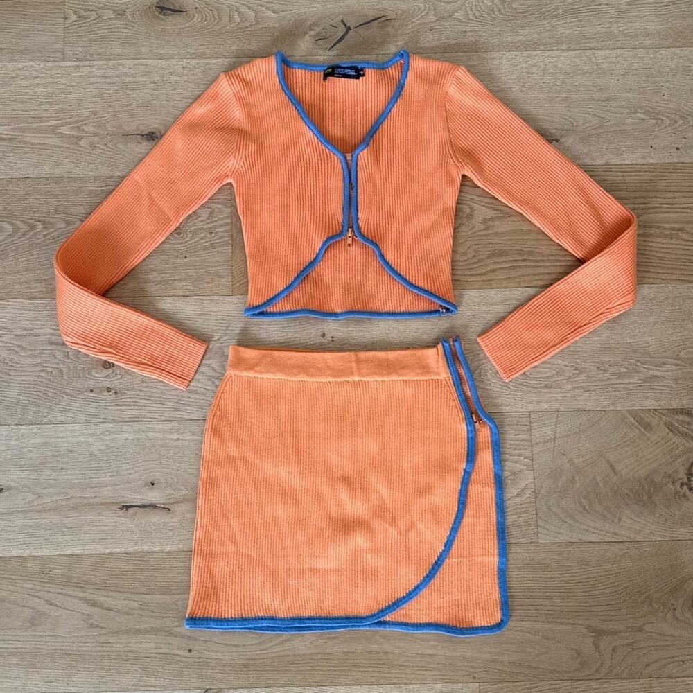 Finesse Crop Top & Skirt Sey Ribbed Long Sleeve Mini Riley Size XS/S Orange Blue